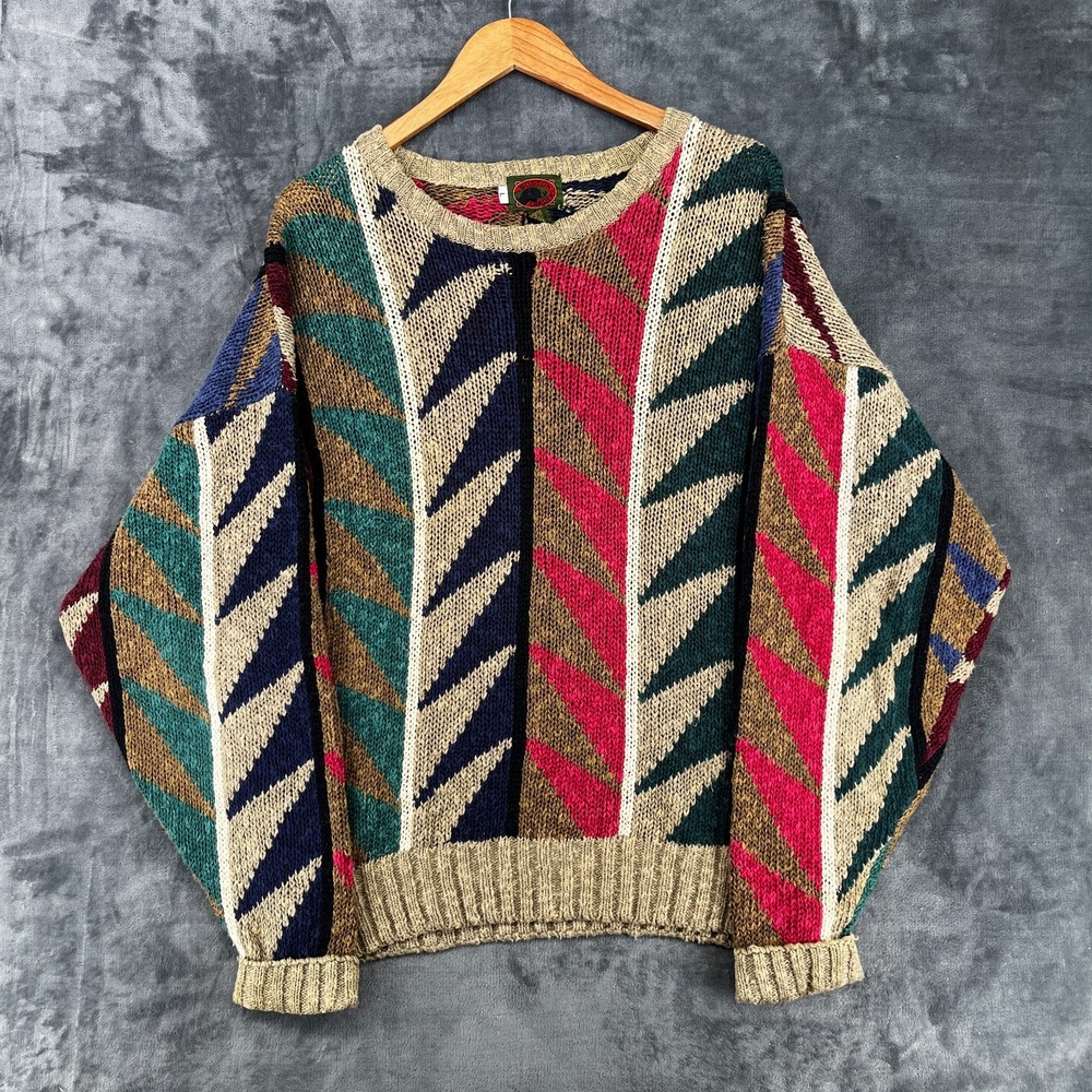 Vintage 90s Boston Traders Sweater Men's Large Knit Colorblock Retro Linen Blend